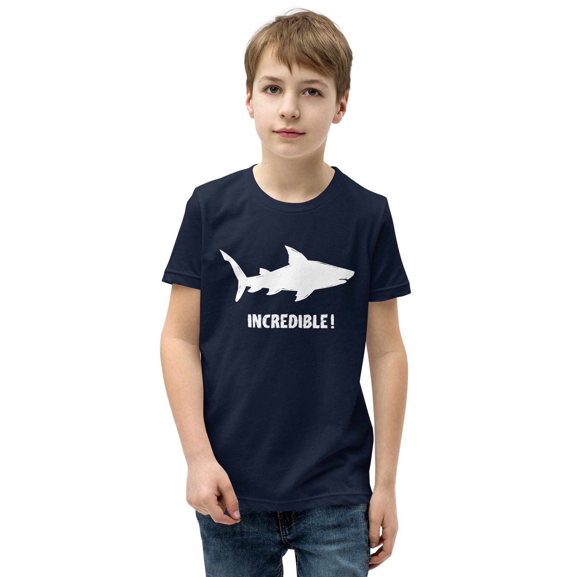 "Sharks Are Incredible" Shark T-Shirt for Youth/Kids (White Print) Navy / S