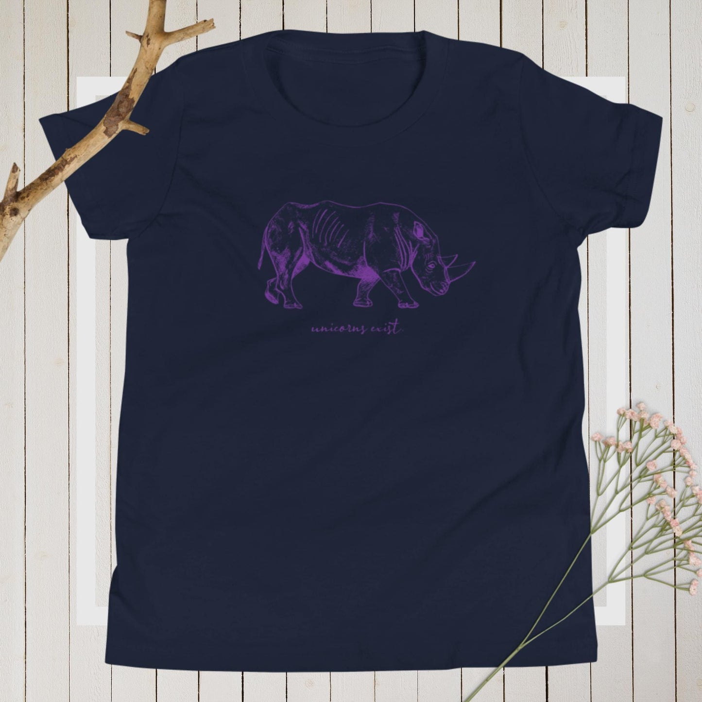 "Unicorns Exist" Rhinoceros T-Shirt for Kids/Youth (Purple Print) Navy / S