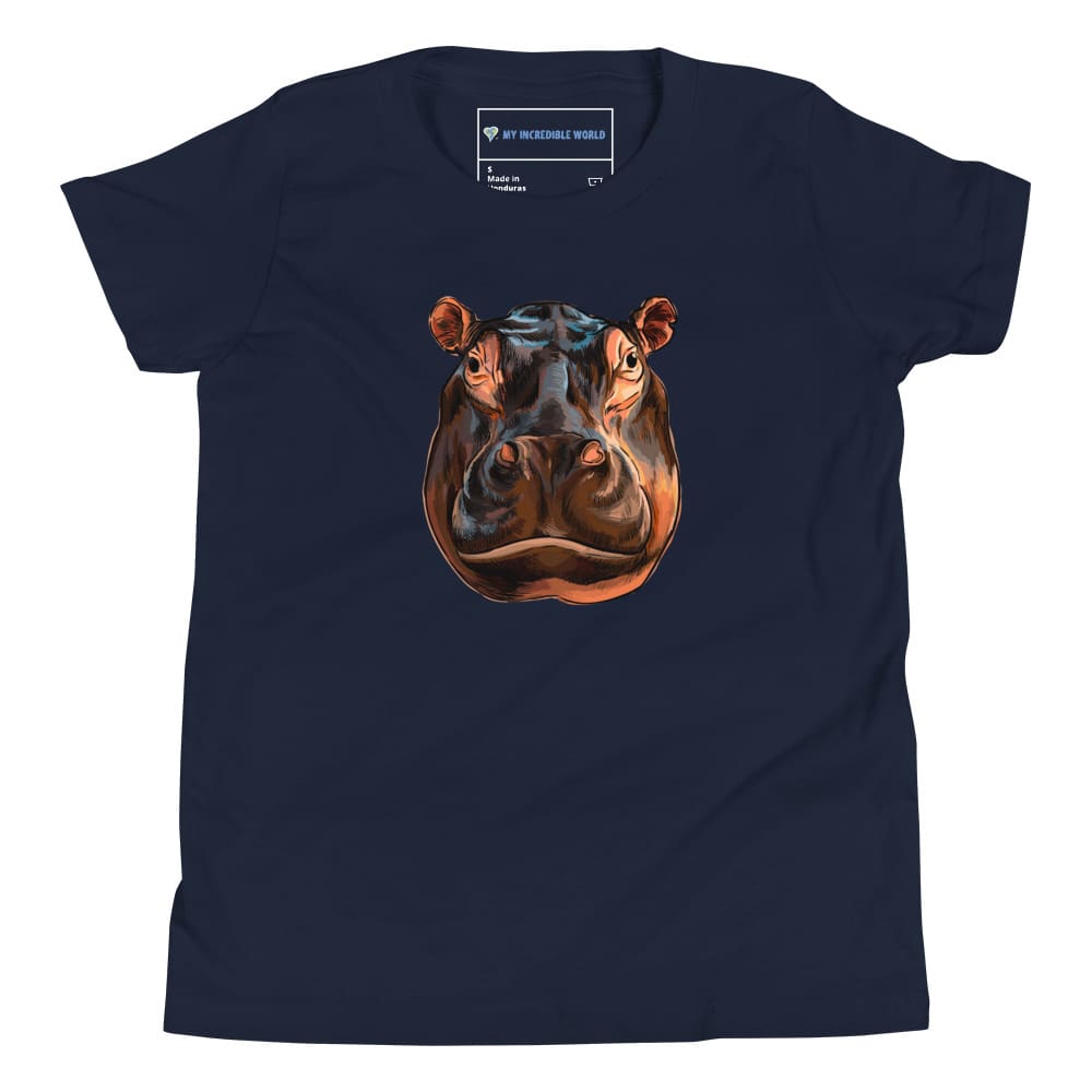 "Watercolor Hippopotamus" Hippo T-Shirt (Youth/Kids) Navy / S