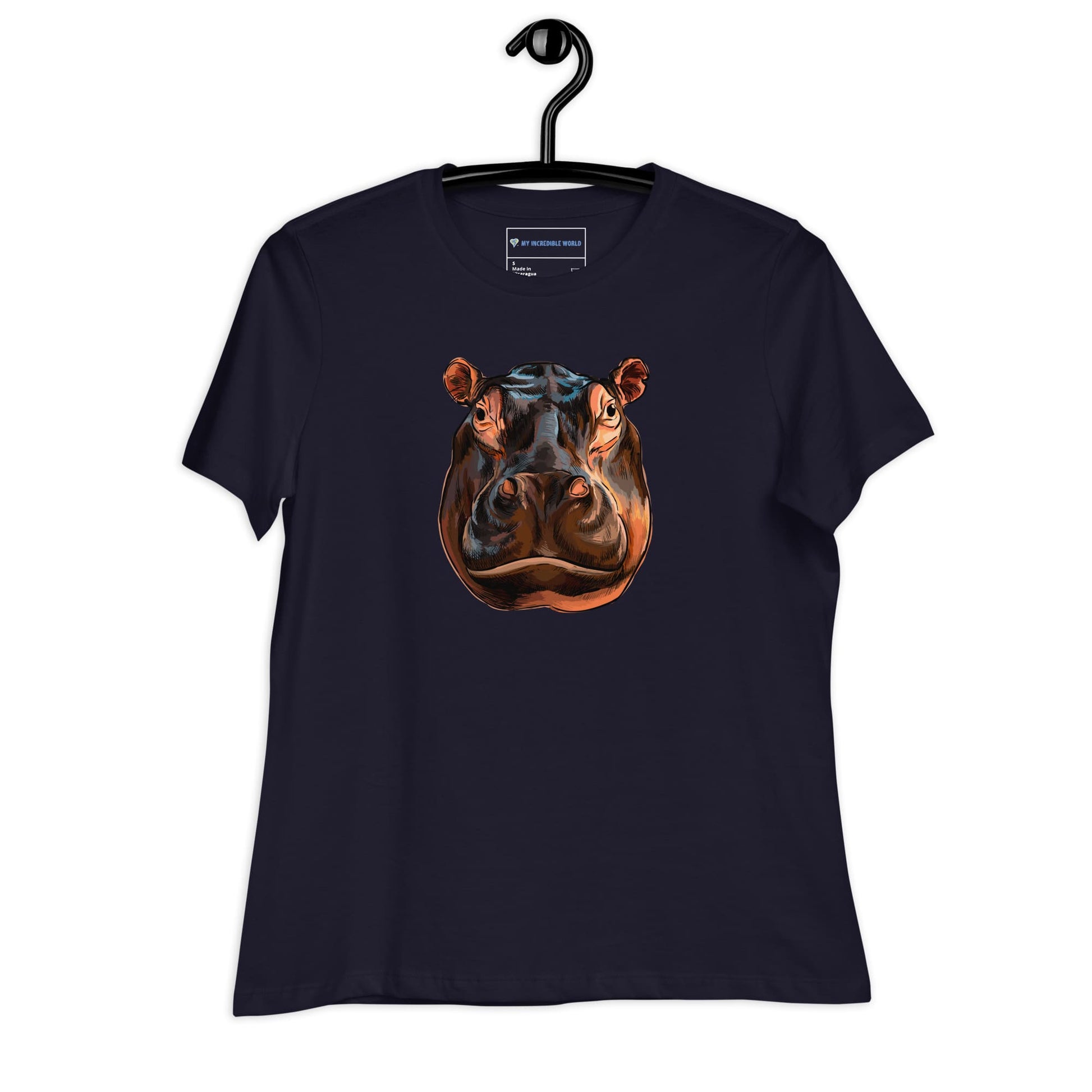 "Watercolor Hippopotamus" Women's Hippo T-Shirt Navy / S