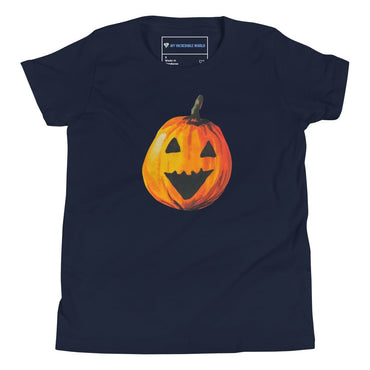 "Watercolor Jack-o-Lantern" Pumpkin T-Shirt (Youth/Kids) Navy / S