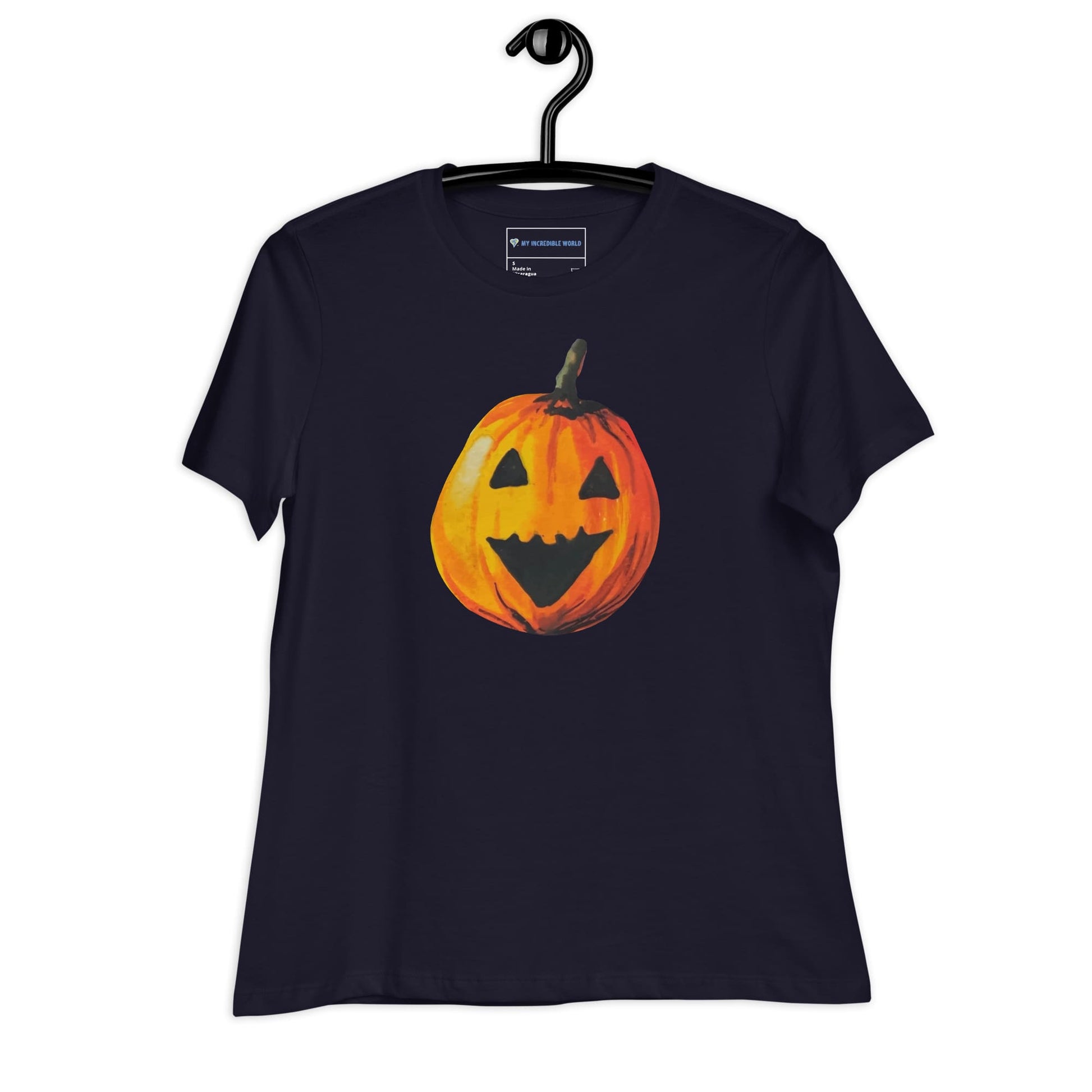 "Watercolor Jack-o-Lantern" Women's Pumpkin T-Shirt Navy / S