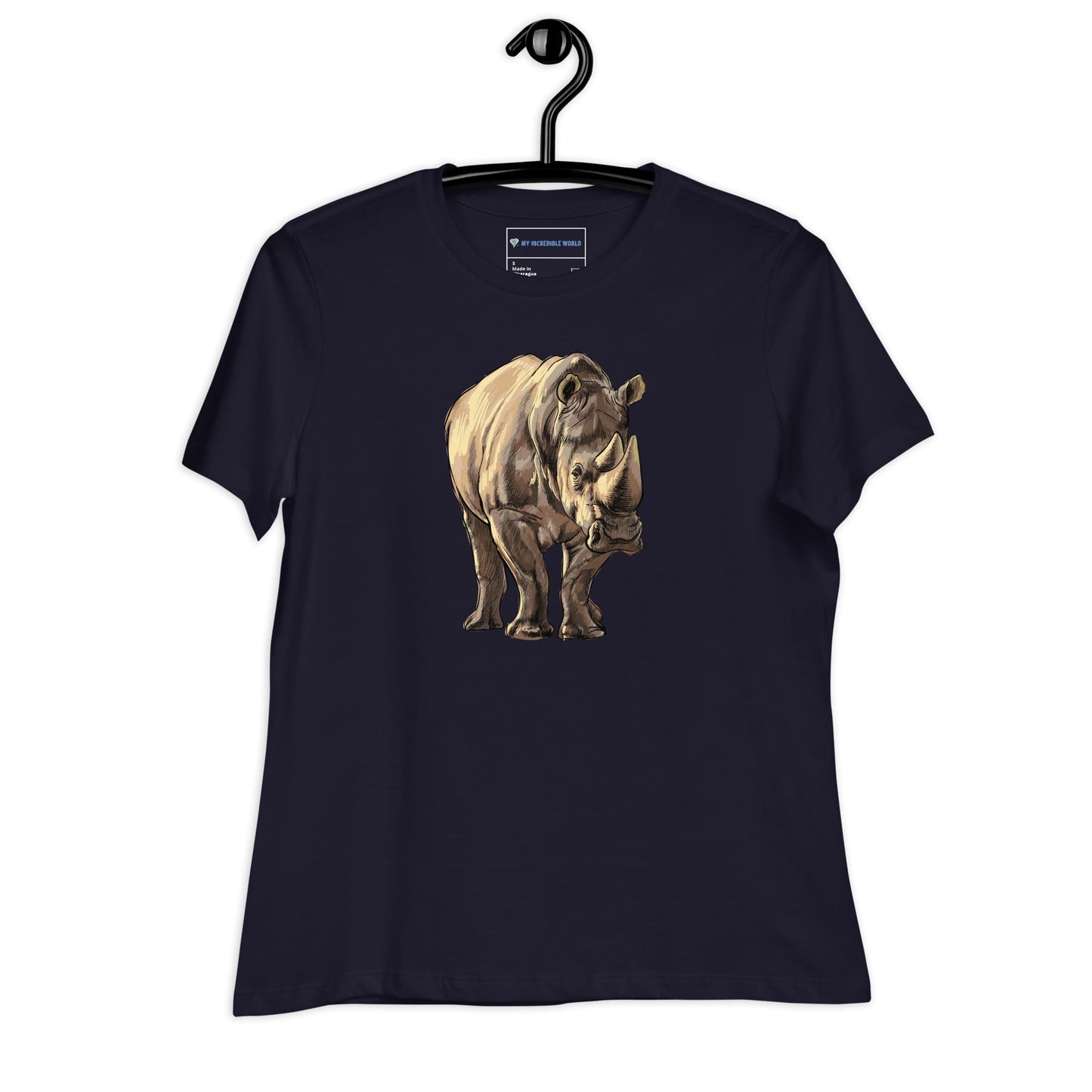 "Watercolor Rhinoceros" Women's Rhino T-Shirt Navy / S