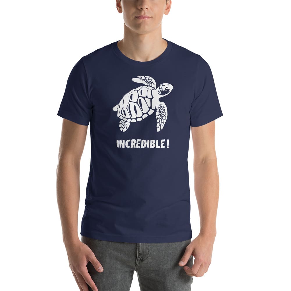 "Sea Turtles Are Incredible" Sea Turtle T-Shirt - White Print (Adult Unisex / Men's) Navy / XS