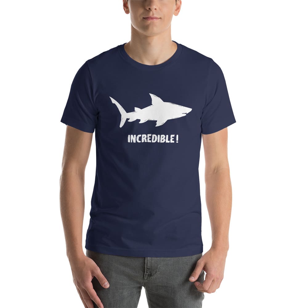 "Sharks Are Incredible" Shark T-Shirt - White Print (Adult Unisex/Men's) Navy / XS