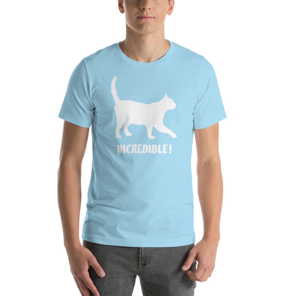 "Cats Are Incredible" Cat T-Shirt - White Print (Adult Men's/Unisex) Ocean Blue / S