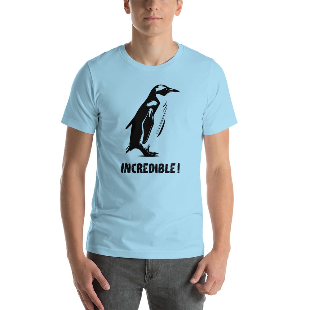 “Penguins Are Incredible!” Penguins T-Shirt – Black Print (Adult Unisex / Men’s) Ocean Blue / S