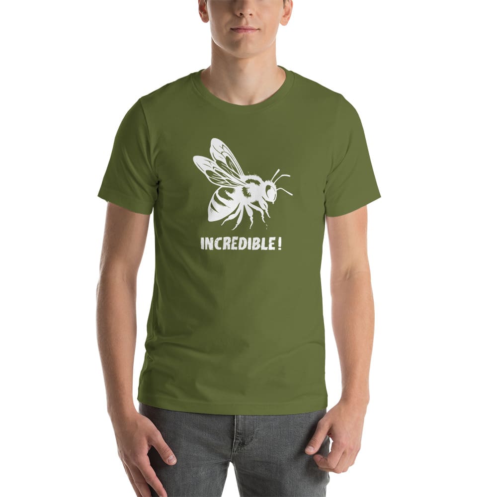 "Bees are Incredible" Bee T-Shirt - White Print (Adult Unisex / Men's) Olive / S