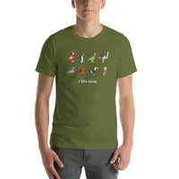 "I Like Birds" Bird Lovers T-Shirt (Adult Unisex / Men's) Olive / S