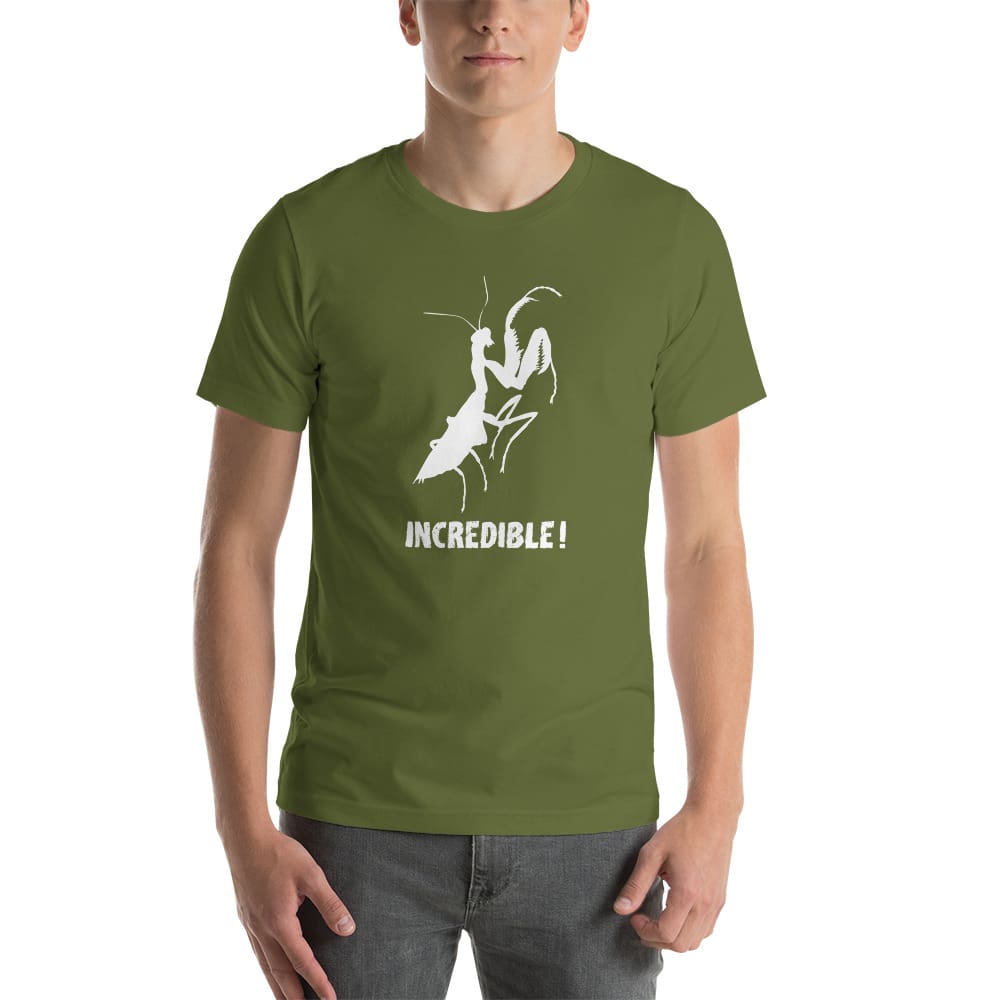 "Praying Mantises Are Incredible!" Praying Mantis T-Shirt - White Print (Adult Unisex / Men's) Olive / S