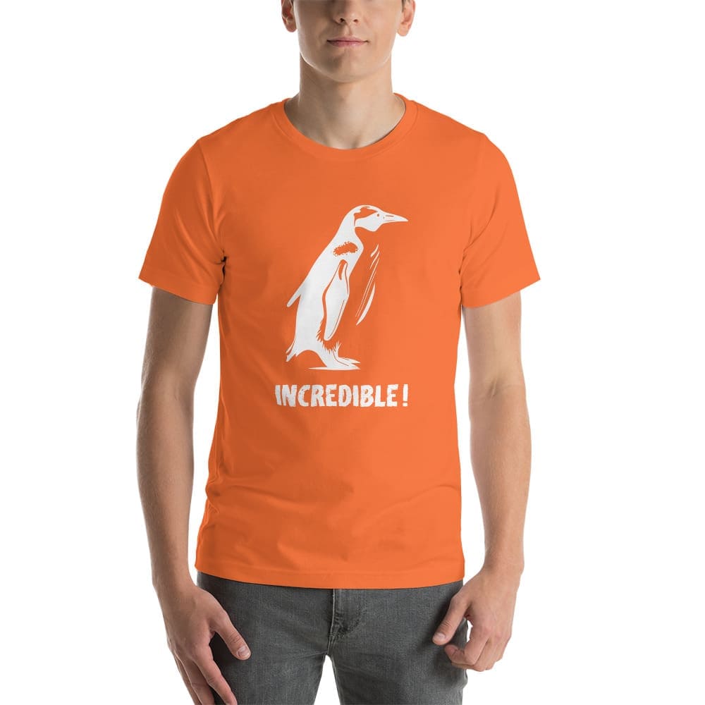 “Penguins Are Incredible!” Penguins T-Shirt – White Print (Adult Unisex / Men’s) Orange / XS