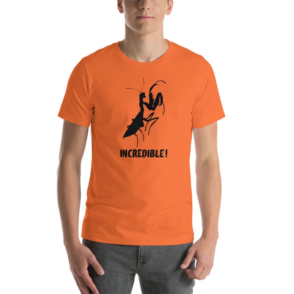 "Praying Mantises Are Incredible!" Praying Mantis T-Shirt - Black Print (Adult Unisex / Men's) Orange / XS