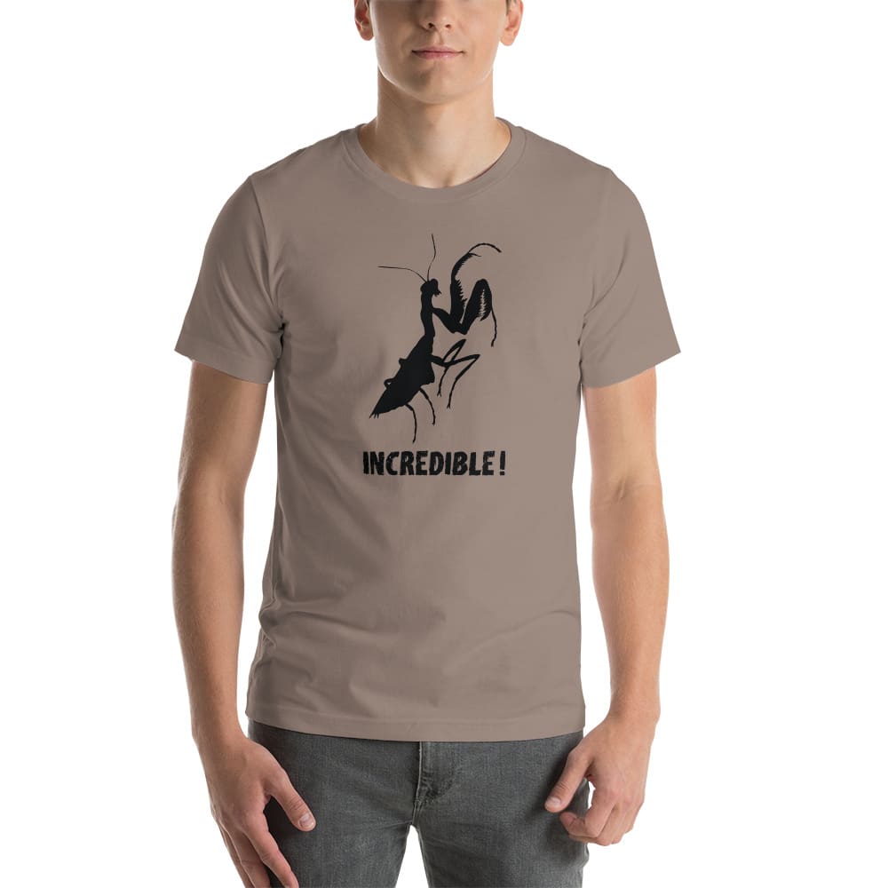 "Praying Mantises Are Incredible!" Praying Mantis T-Shirt - Black Print (Adult Unisex / Men's) Pebble / XS