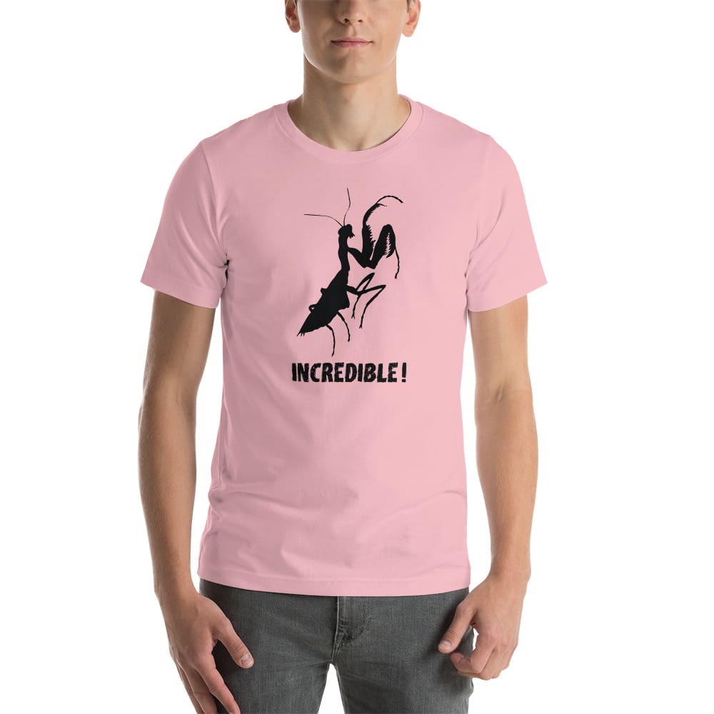 "Praying Mantises Are Incredible!" Praying Mantis T-Shirt - Black Print (Adult Unisex / Men's) Pink / S