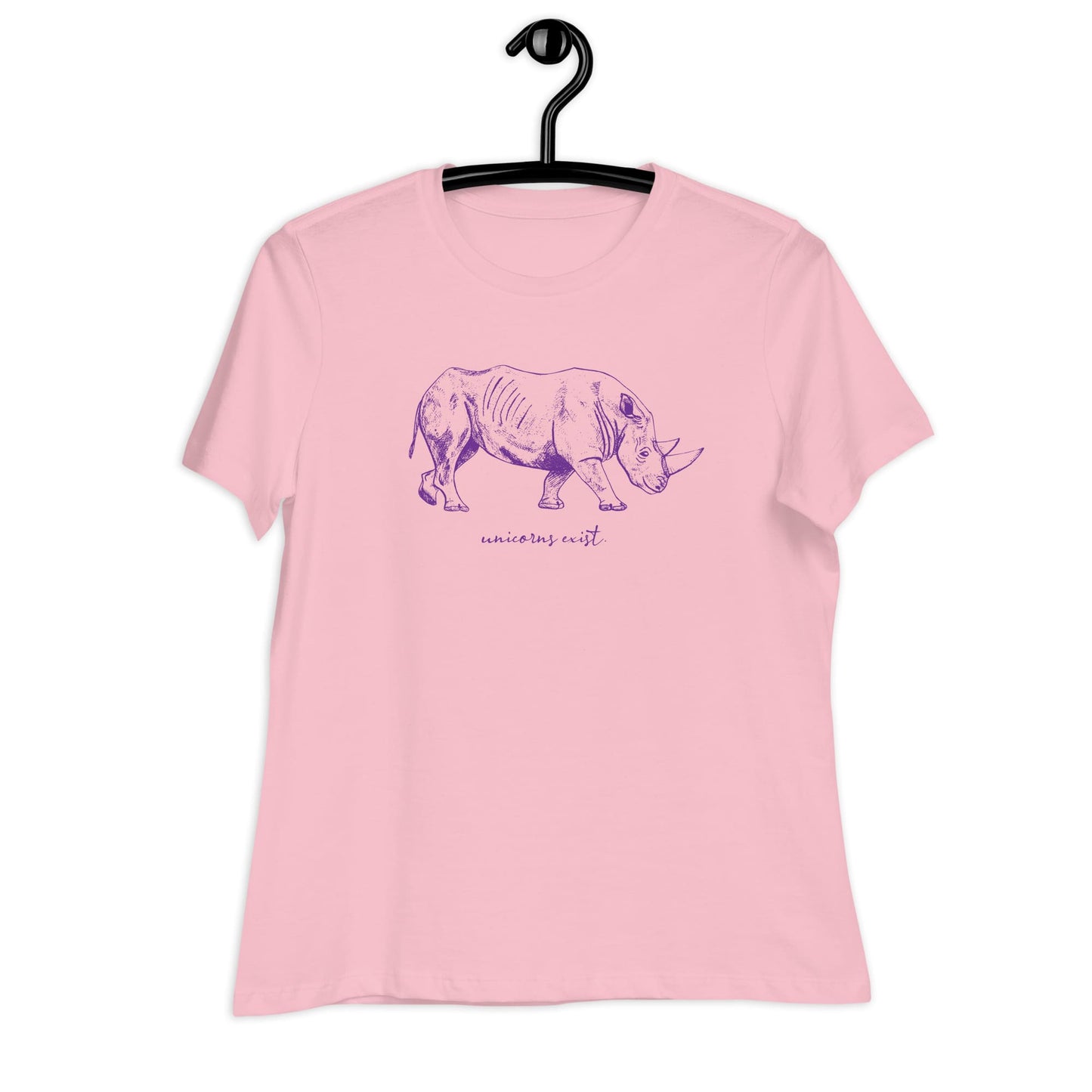 "Unicorns Exist" Rhinoceros T-Shirt for Women (Purple Print) Pink / S