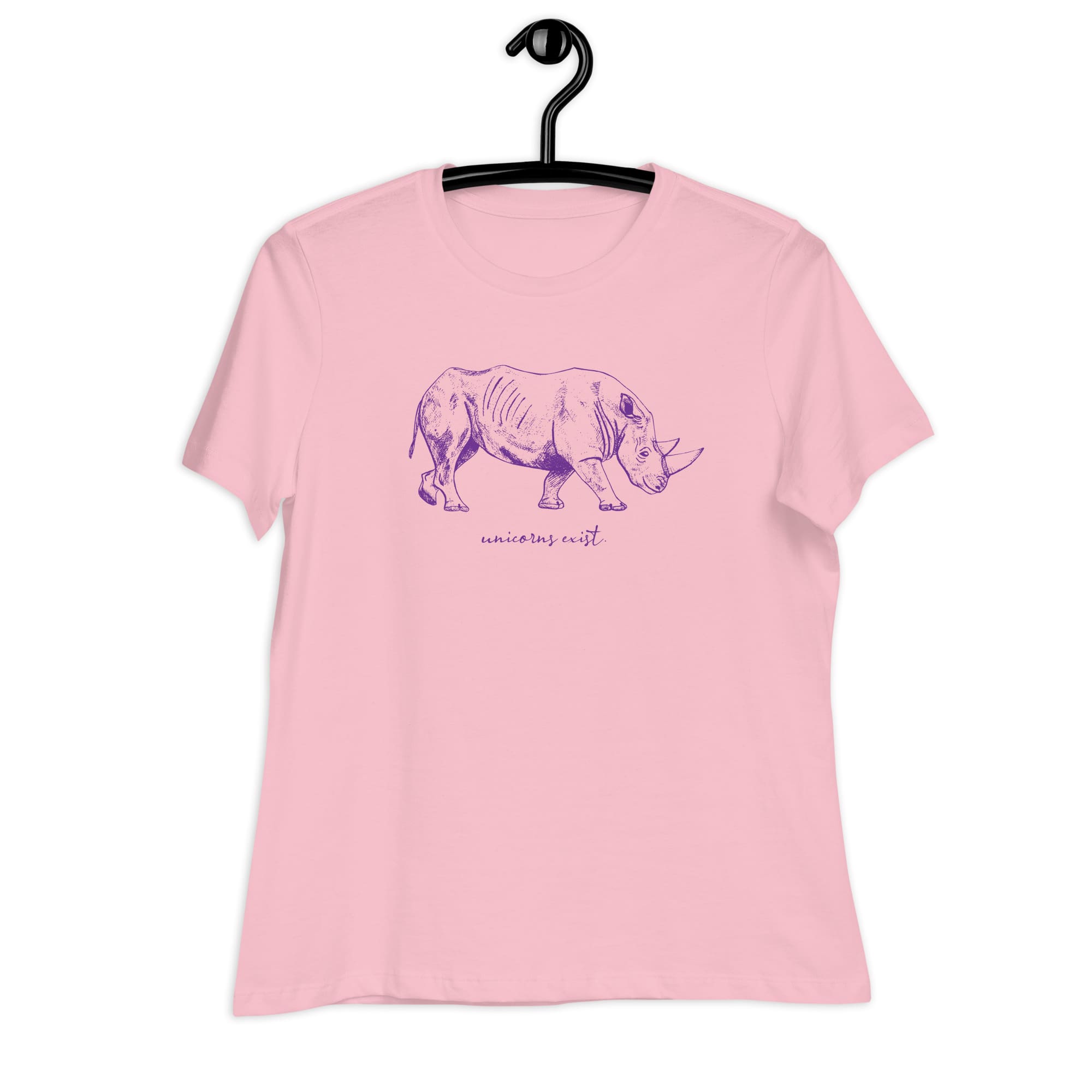 "Unicorns Exist" Rhinoceros T-Shirt for Women (Purple Print) Pink / S