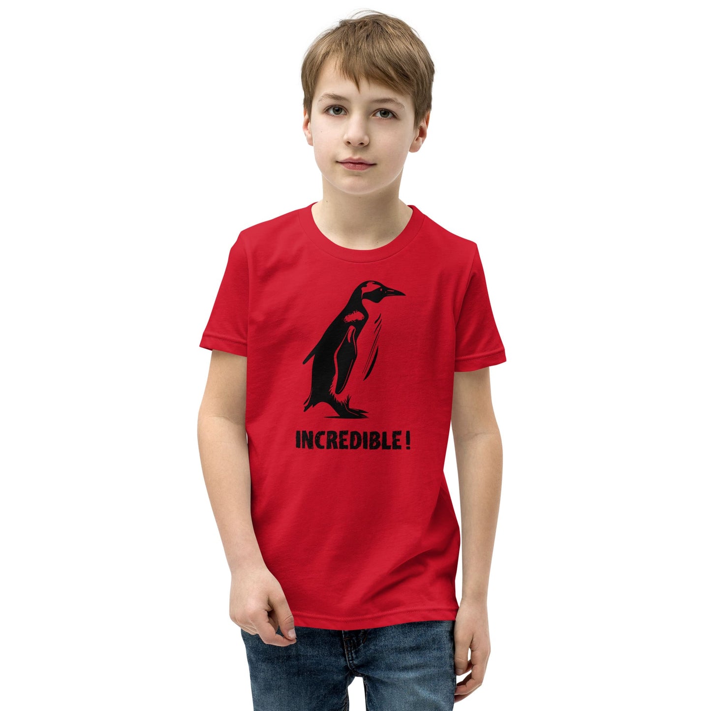 “Penguins Are Incredible” Penguin T-Shirt for Kids/Youth (Black Print) Red / S