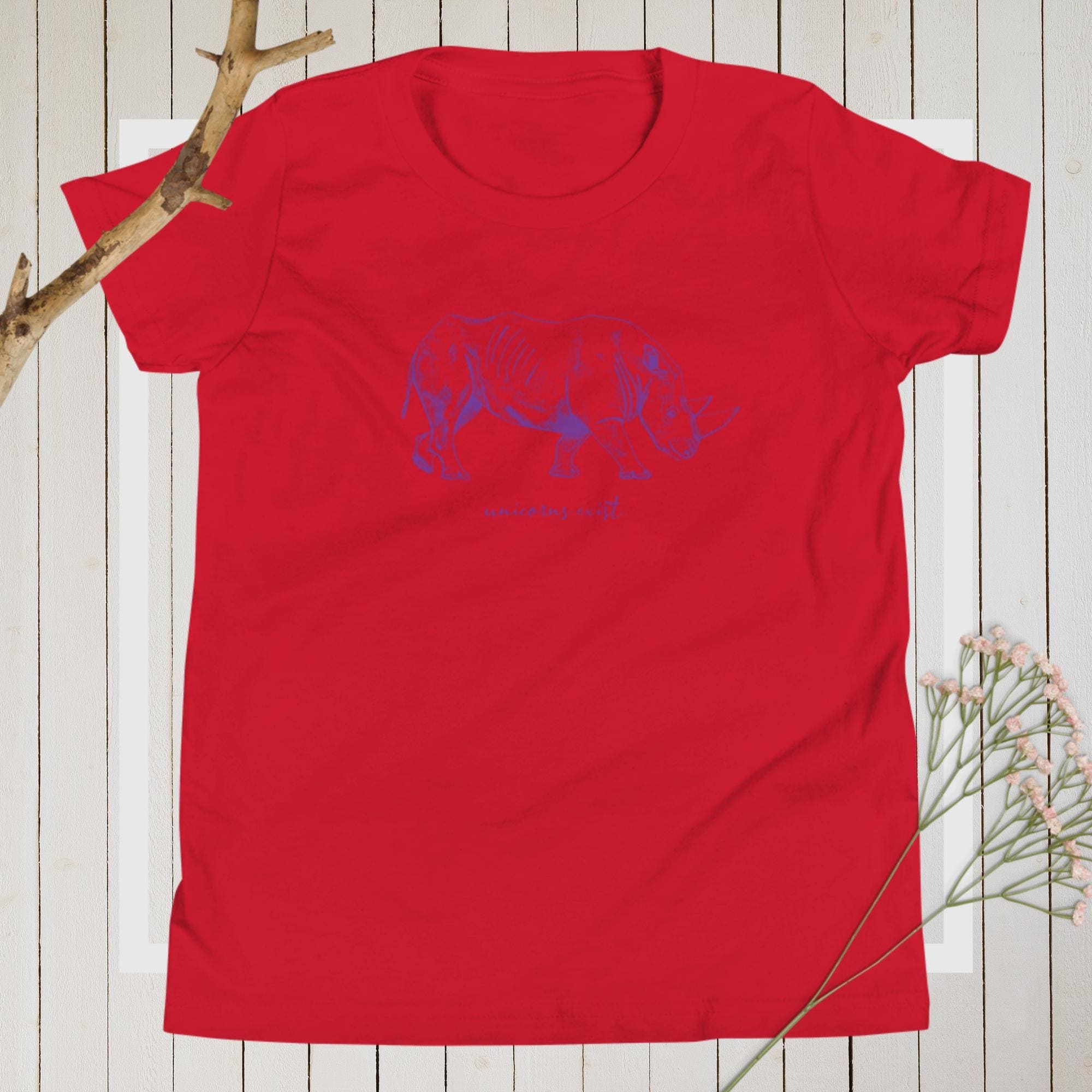 "Unicorns Exist" Rhinoceros T-Shirt for Kids/Youth (Purple Print) Red / S