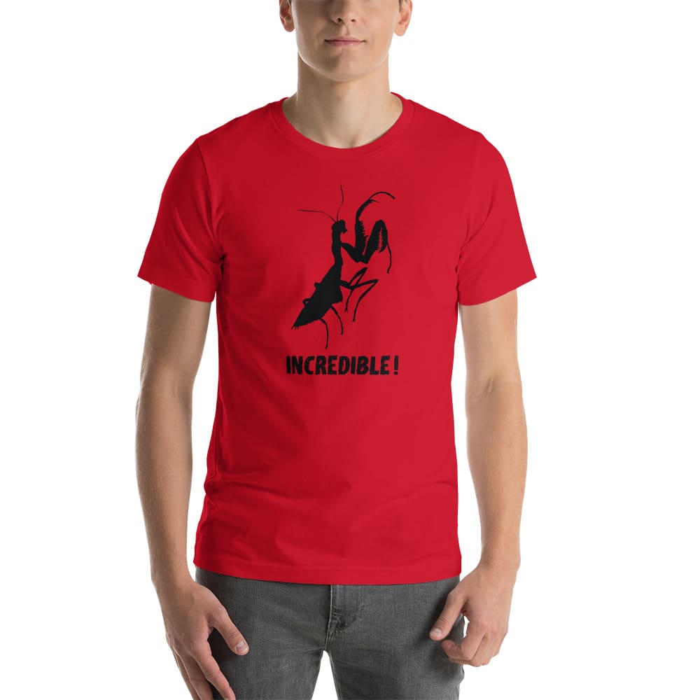 "Praying Mantises Are Incredible!" Praying Mantis T-Shirt - Black Print (Adult Unisex / Men's) Red / XS