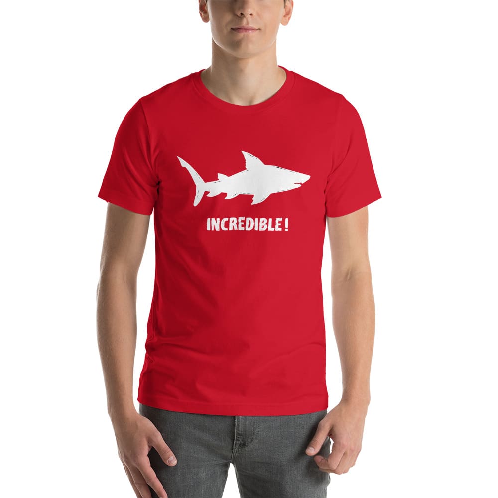 "Sharks Are Incredible" Shark T-Shirt - White Print (Adult Unisex/Men's) Red / XS