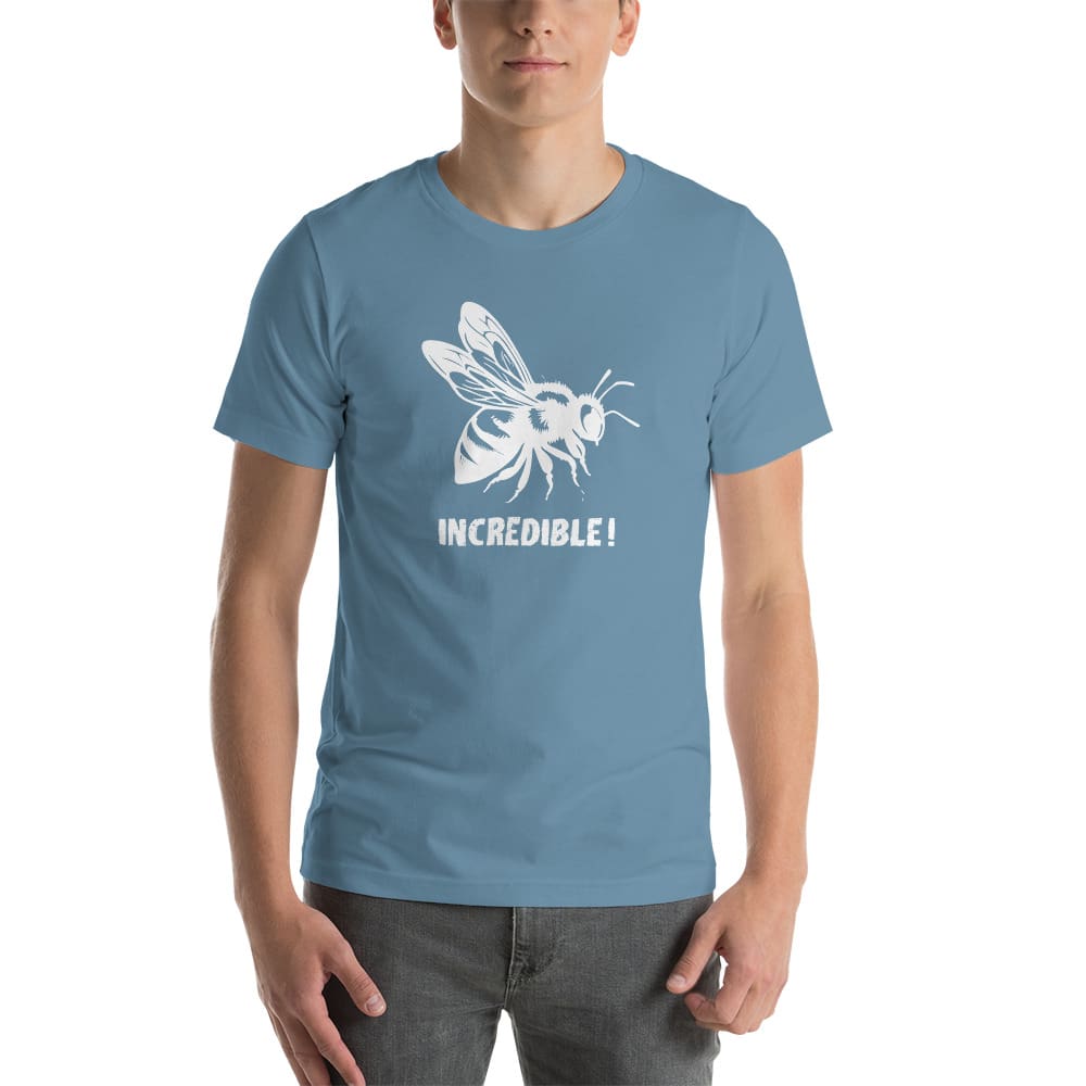 "Bees are Incredible" Bee T-Shirt - White Print (Adult Unisex / Men's) Steel Blue / S