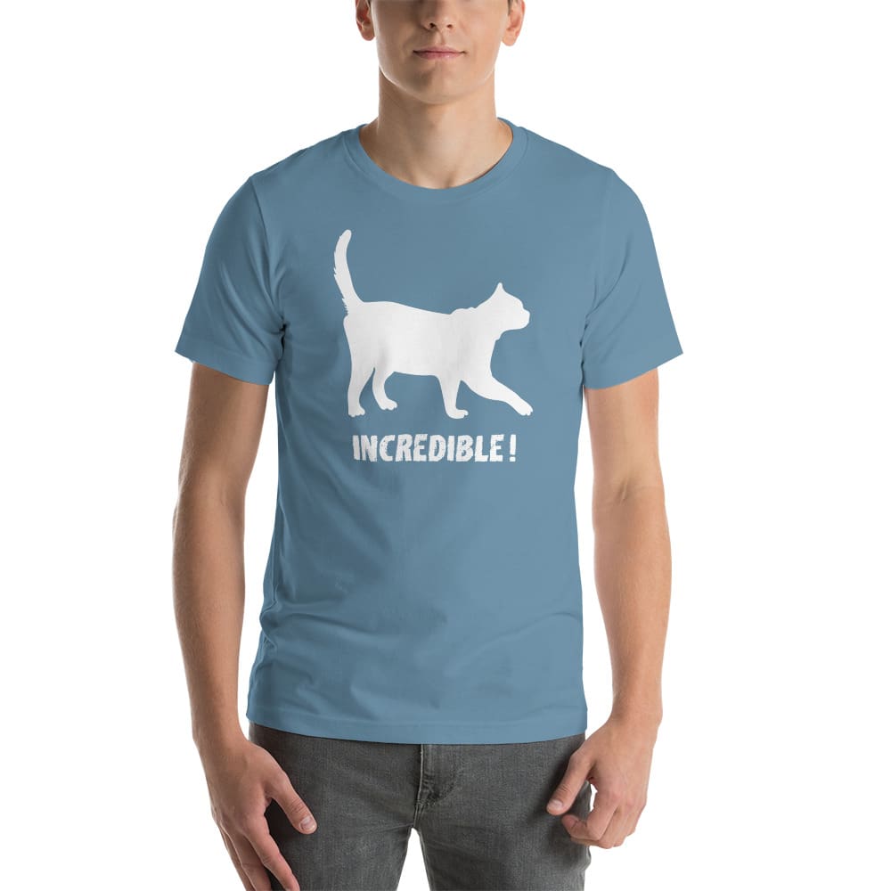 "Cats Are Incredible" Cat T-Shirt - White Print (Adult Men's/Unisex) Steel Blue / S