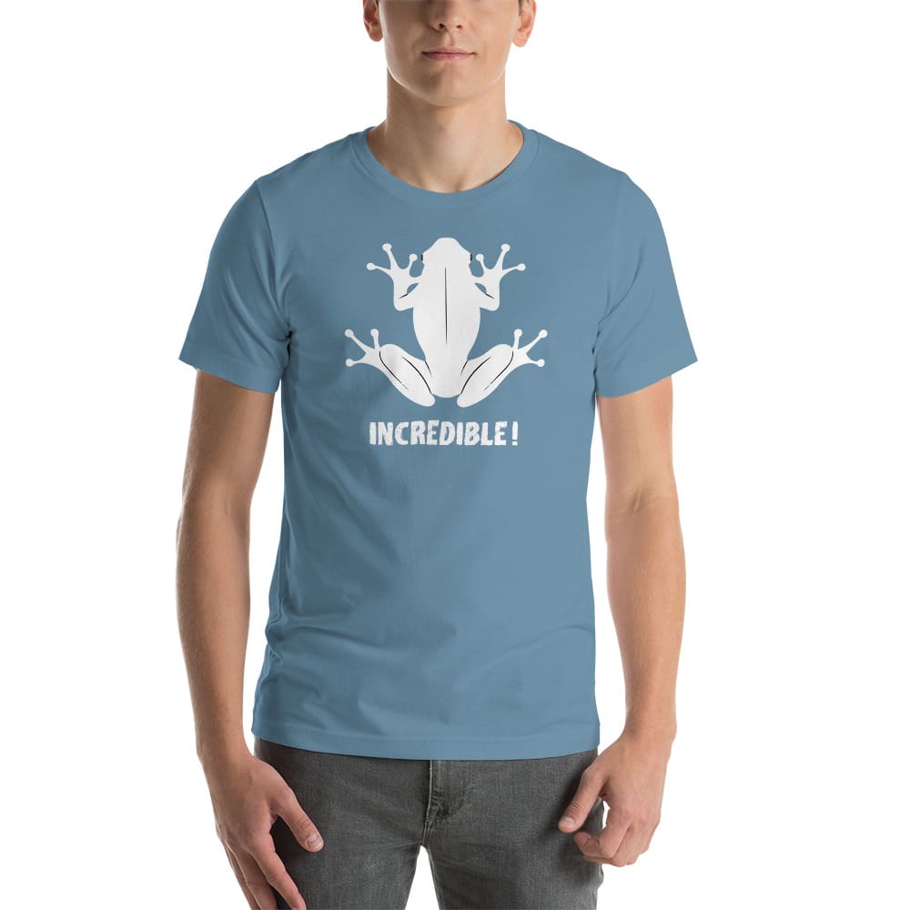 "Frogs Are Incredible" Frog T-Shirt - White Print (Adult Unisex/Men's) Steel Blue / S