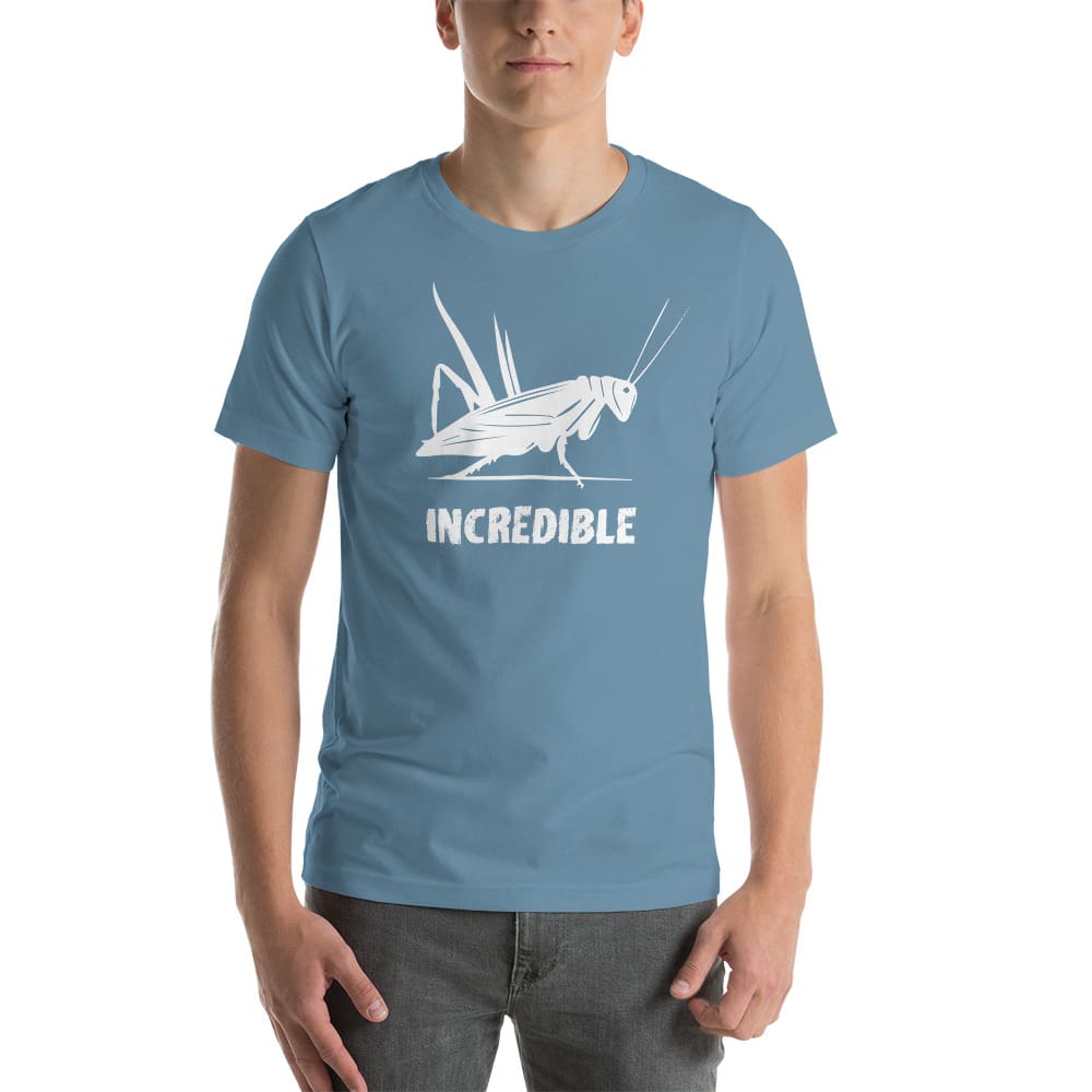 "Grasshoppers Are Incredible" Grasshopper T-Shirt - White Print (Adult Men's/Unisex) Steel Blue / S