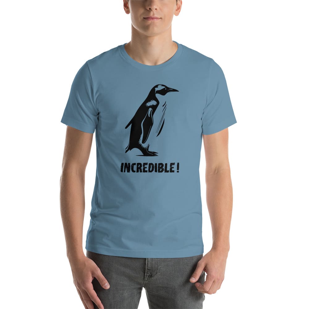 “Penguins Are Incredible!” Penguins T-Shirt – Black Print (Adult Unisex / Men’s) Steel Blue / S