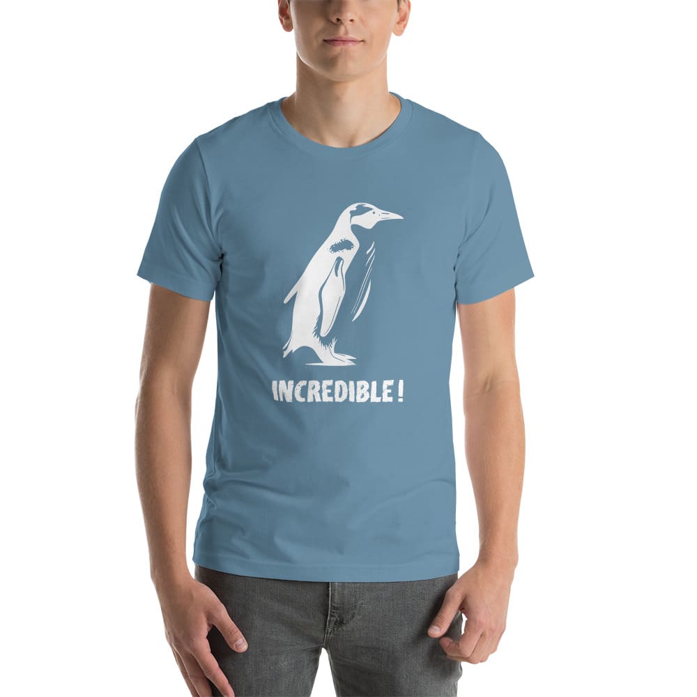 “Penguins Are Incredible!” Penguins T-Shirt – White Print (Adult Unisex / Men’s) Steel Blue / S