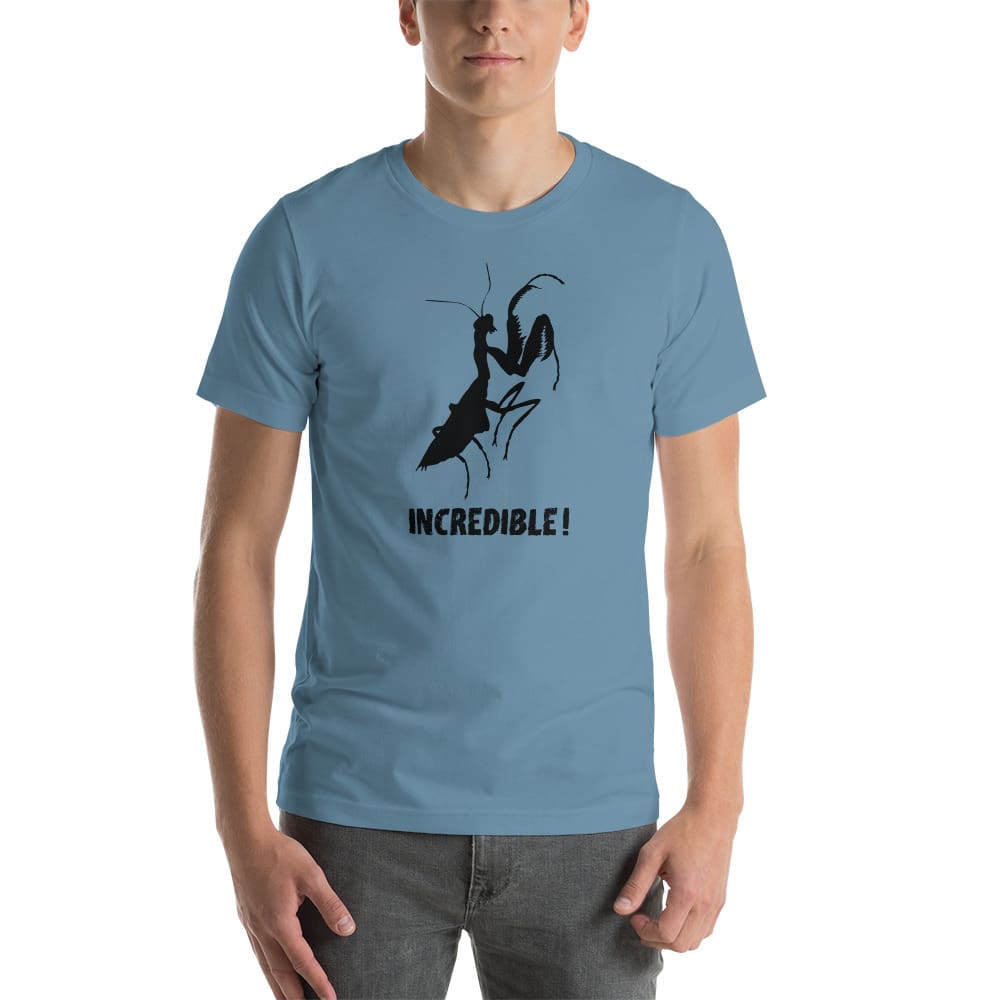 "Praying Mantises Are Incredible!" Praying Mantis T-Shirt - Black Print (Adult Unisex / Men's) Steel Blue / S