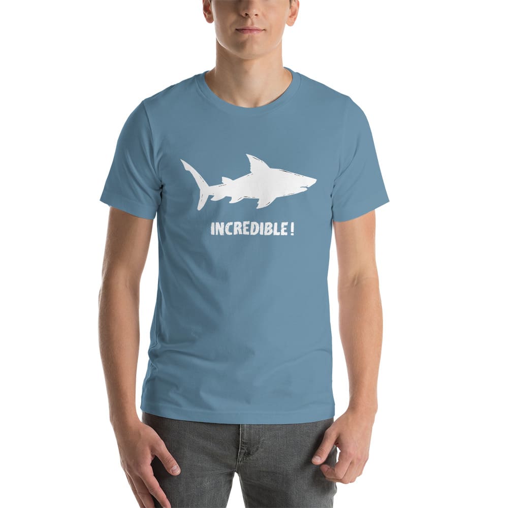 "Sharks Are Incredible" Shark T-Shirt - White Print (Adult Unisex/Men's) Steel Blue / S