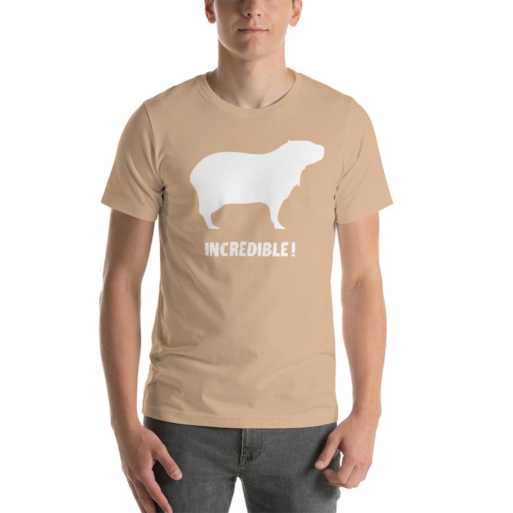 "Capybaras Are Incredible" Capybara T-Shirt - White Print (Adult Men's/Unisex) Tan / XS