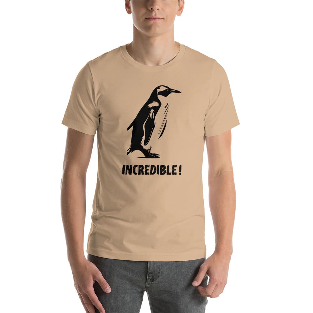 “Penguins Are Incredible!” Penguins T-Shirt – Black Print (Adult Unisex / Men’s) Tan / XS