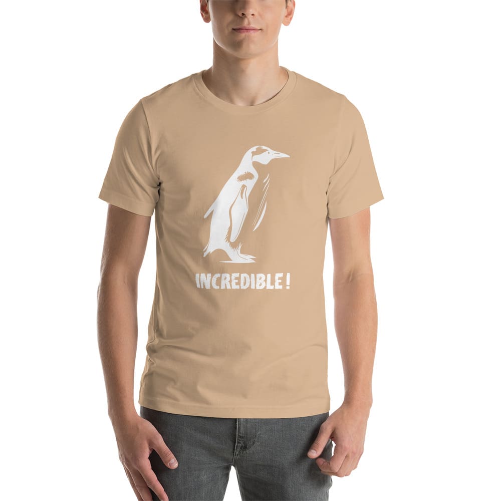 “Penguins Are Incredible!” Penguins T-Shirt – White Print (Adult Unisex / Men’s) Tan / XS