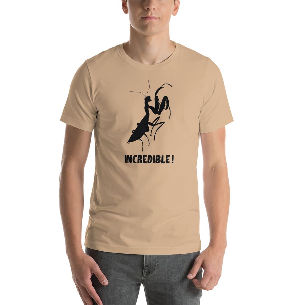 "Praying Mantises Are Incredible!" Praying Mantis T-Shirt - Black Print (Adult Unisex / Men's) Tan / XS