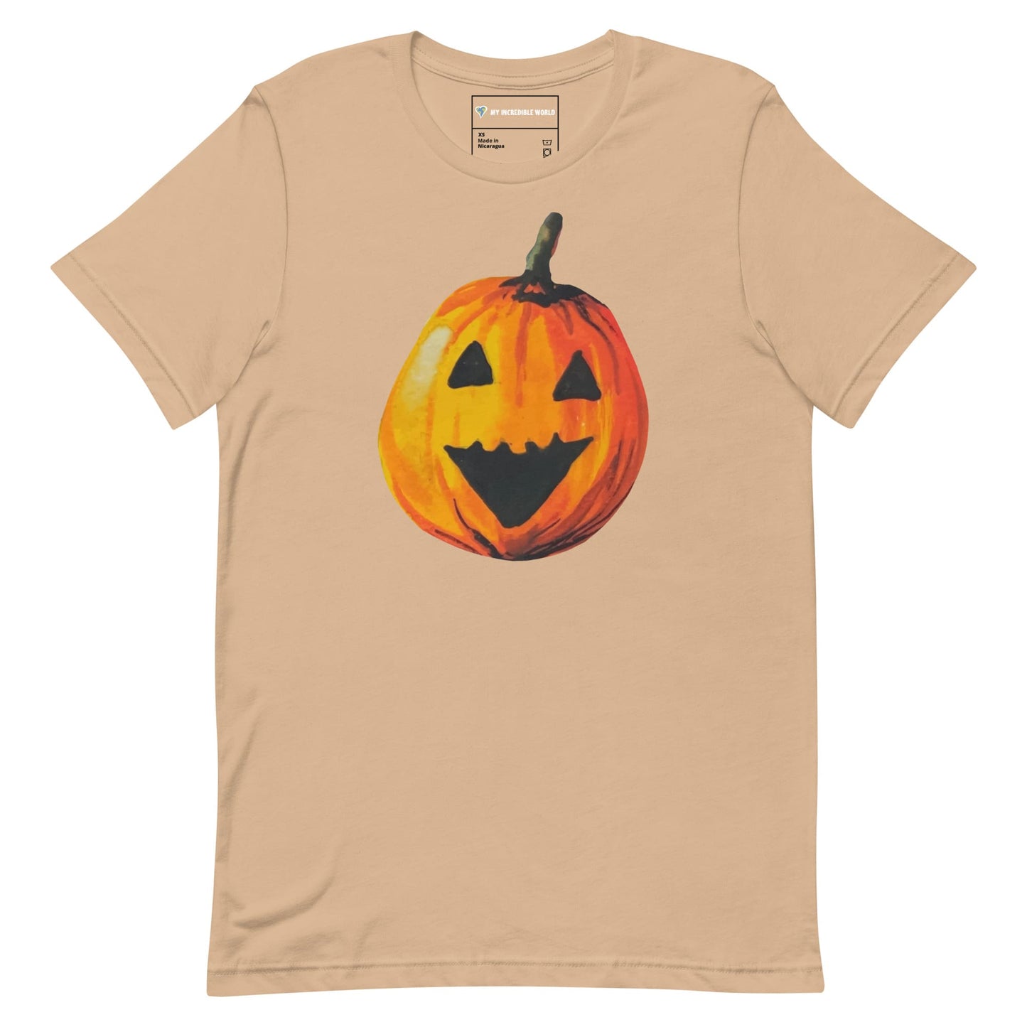 "Watercolor Jack-o-Lantern" Pumpkin T-Shirt (Adult Unisex) Tan / XS