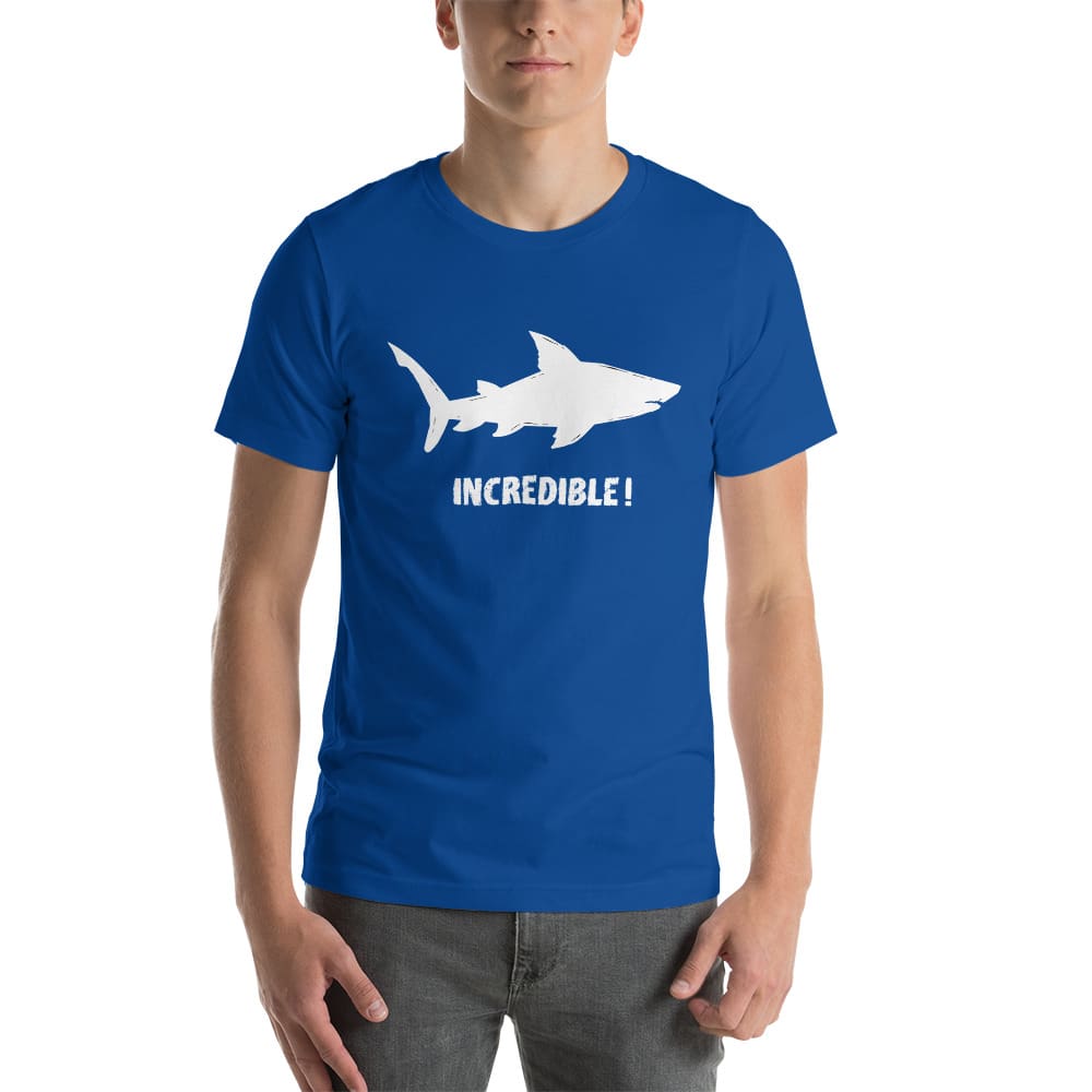 "Sharks Are Incredible" Shark T-Shirt - White Print (Adult Unisex/Men's) True Royal / S