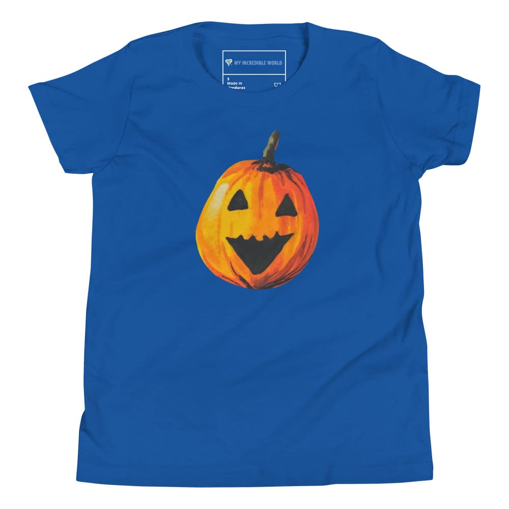 "Watercolor Jack-o-Lantern" Pumpkin T-Shirt (Youth/Kids) True Royal / S