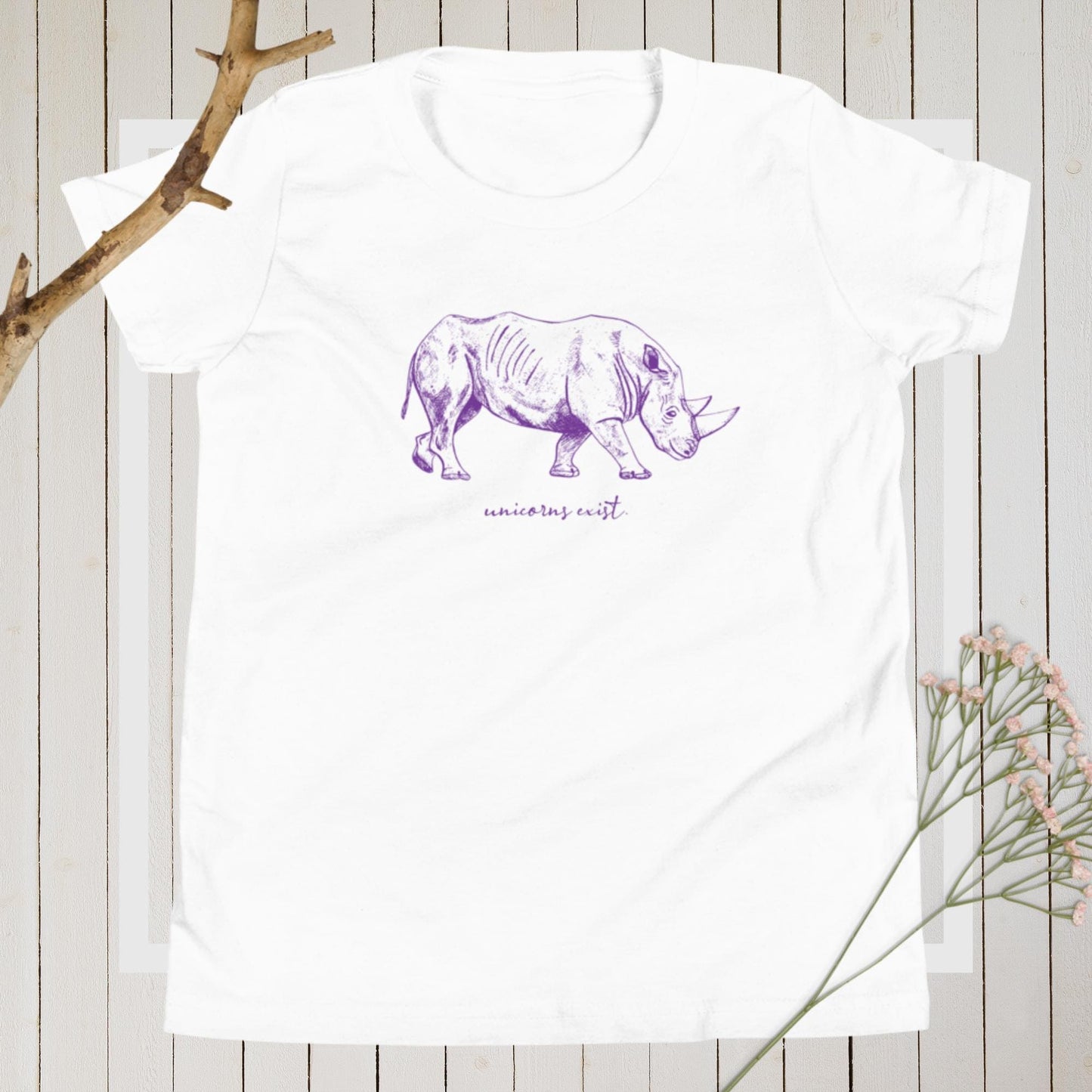 "Unicorns Exist" Rhinoceros T-Shirt for Kids/Youth (Purple Print) White / S