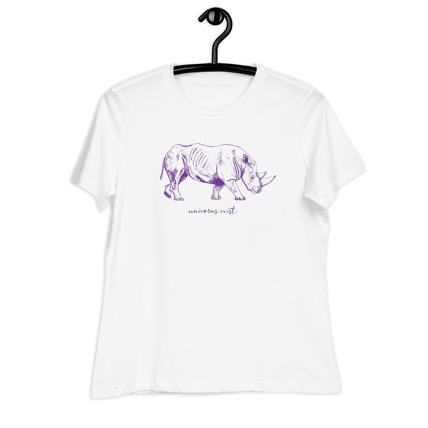 "Unicorns Exist" Rhinoceros T-Shirt for Women (Purple Print) White / S