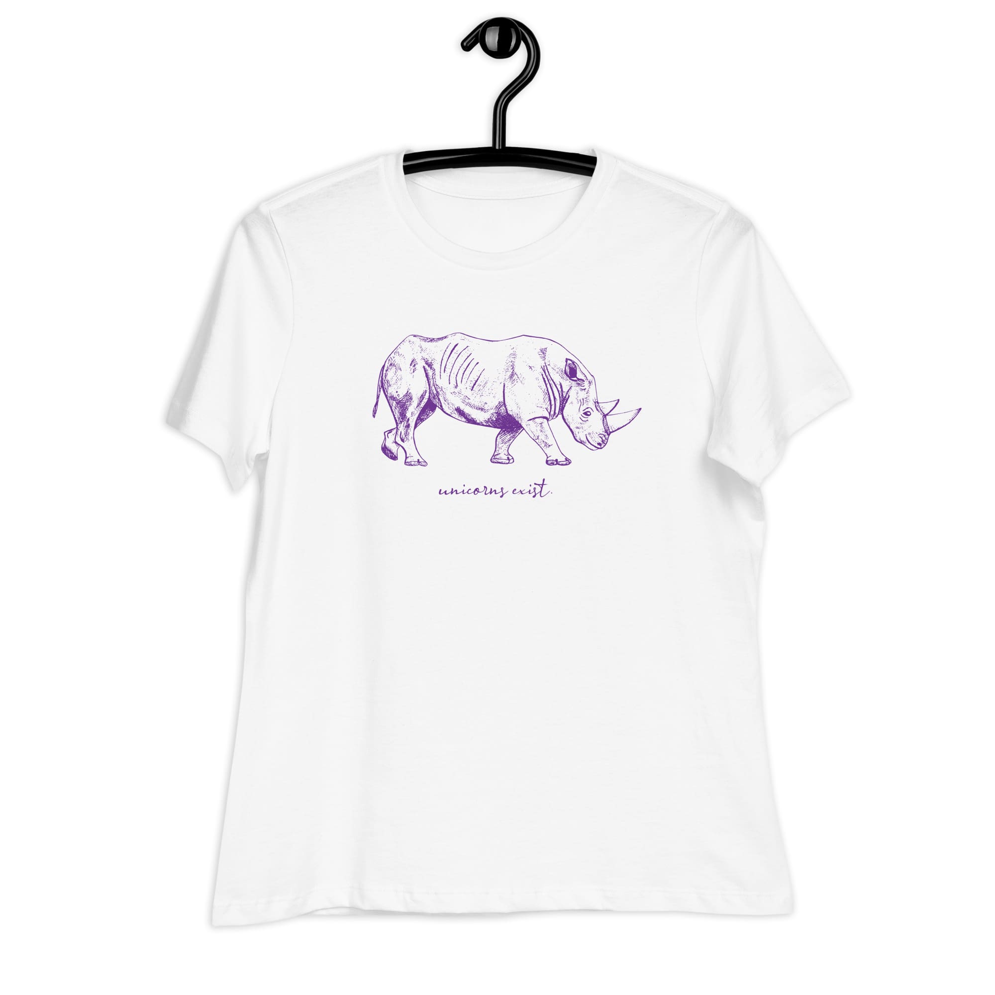 "Unicorns Exist" Rhinoceros T-Shirt for Women (Purple Print) White / S