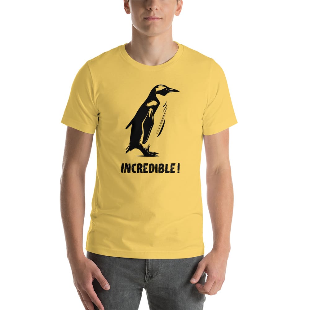 “Penguins Are Incredible!” Penguins T-Shirt – Black Print (Adult Unisex / Men’s) Yellow / S