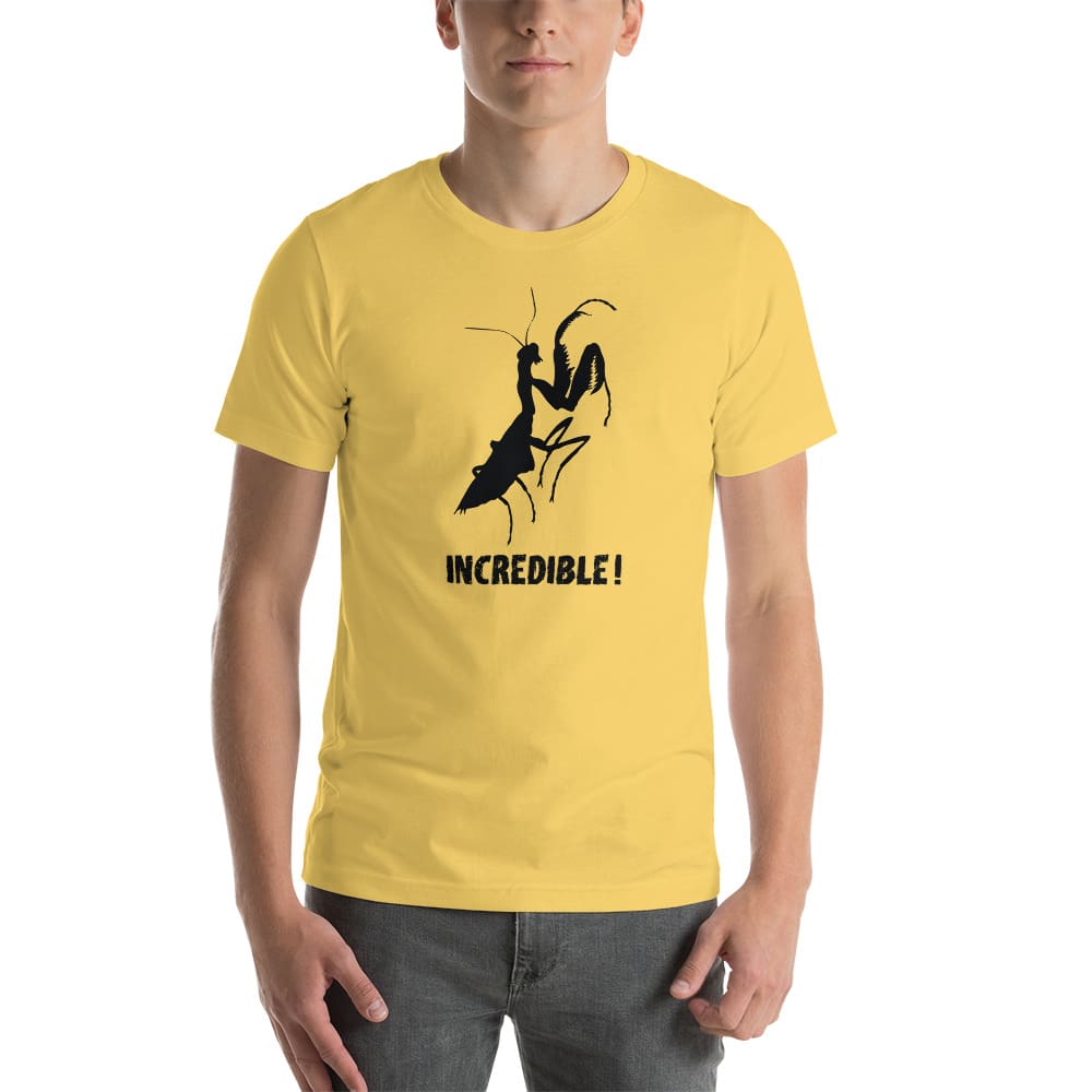 "Praying Mantises Are Incredible!" Praying Mantis T-Shirt - Black Print (Adult Unisex / Men's) Yellow / S