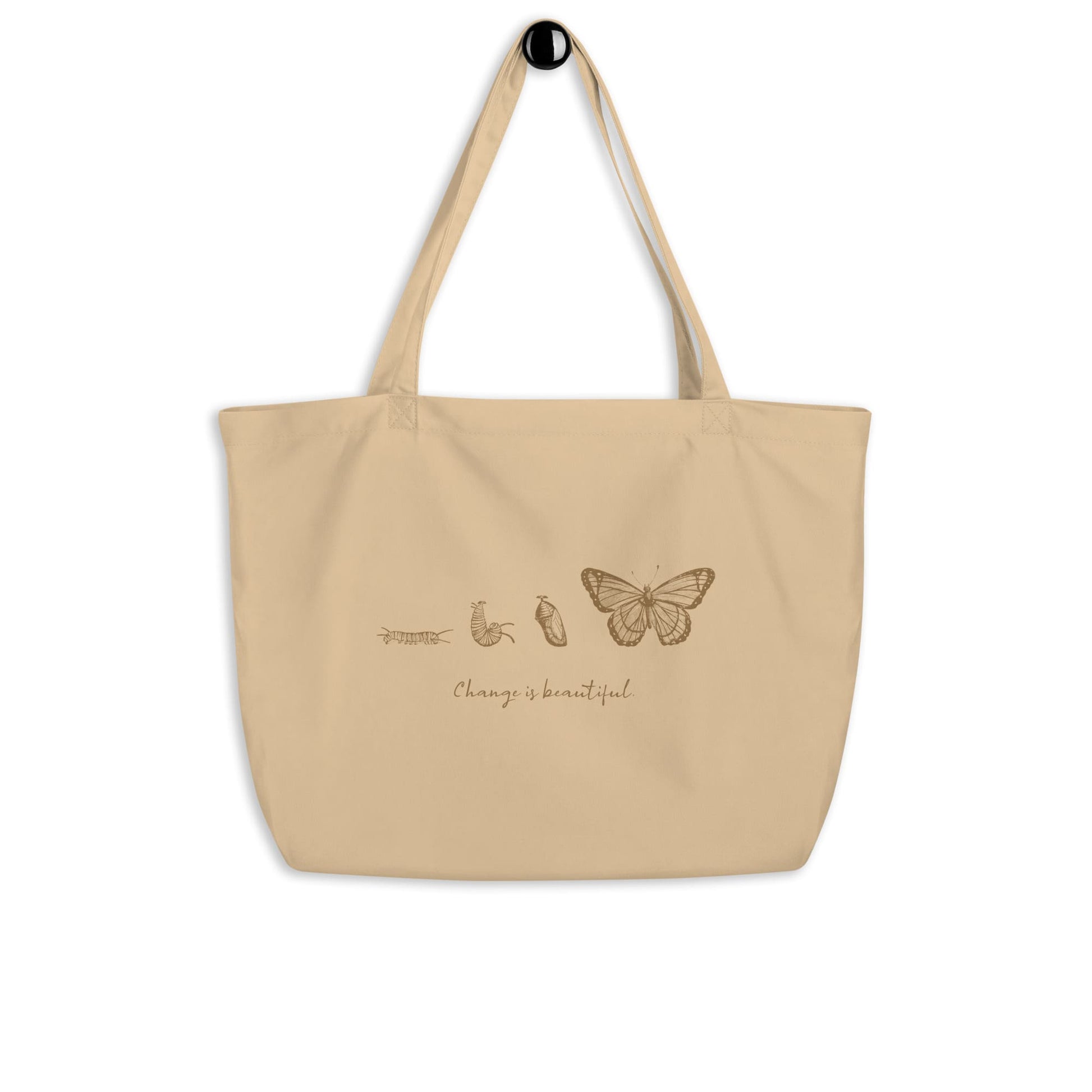 "Change is Beautiful" Butterfly Metamorphosis Large Organic Cotton Tote Bag Oyster