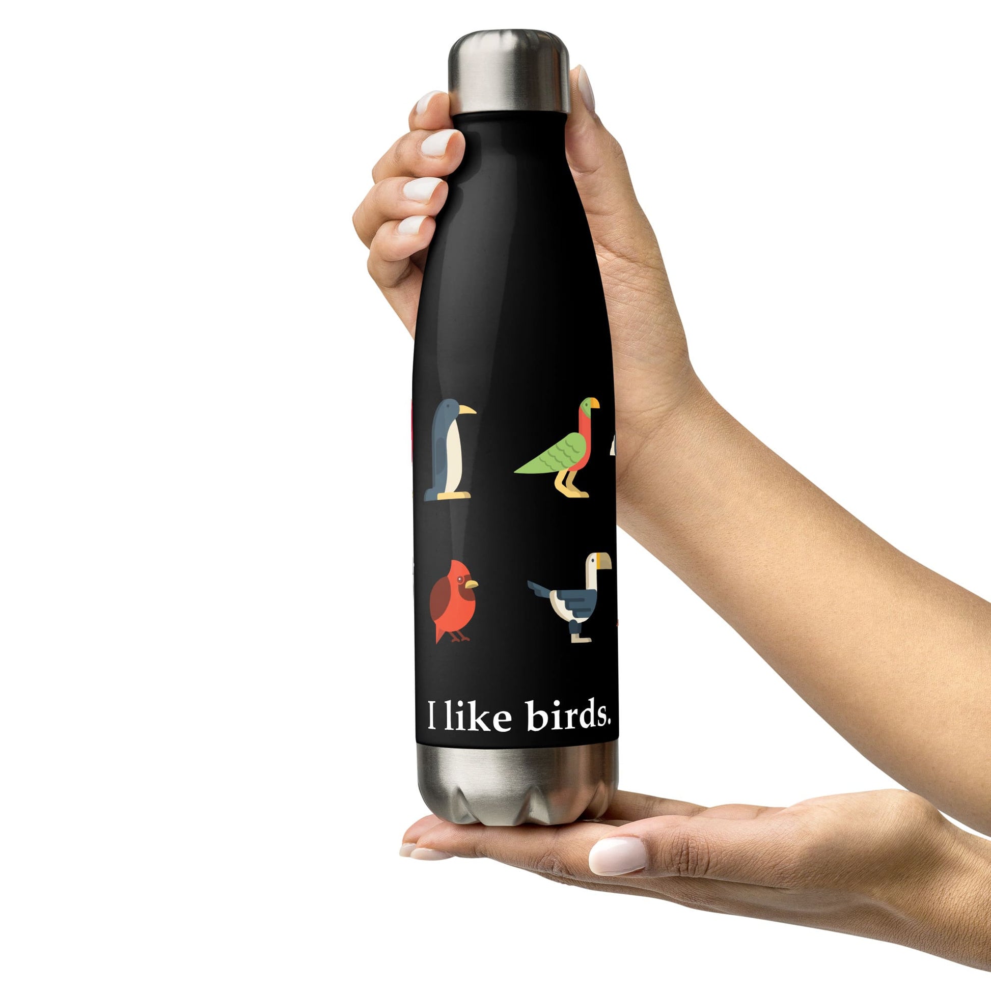 "I Like Birds" Bird-Lovers' Stainless Steel Water Bottle (Black)