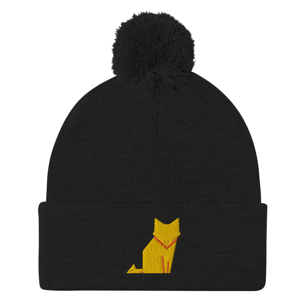 “Origami Cat” Pom-Pom Beanie (Winter Hat) Black