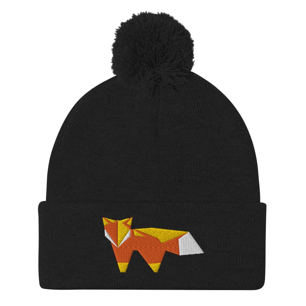 “Origami Fox” Pom-Pom Beanie (Winter Hat) Black