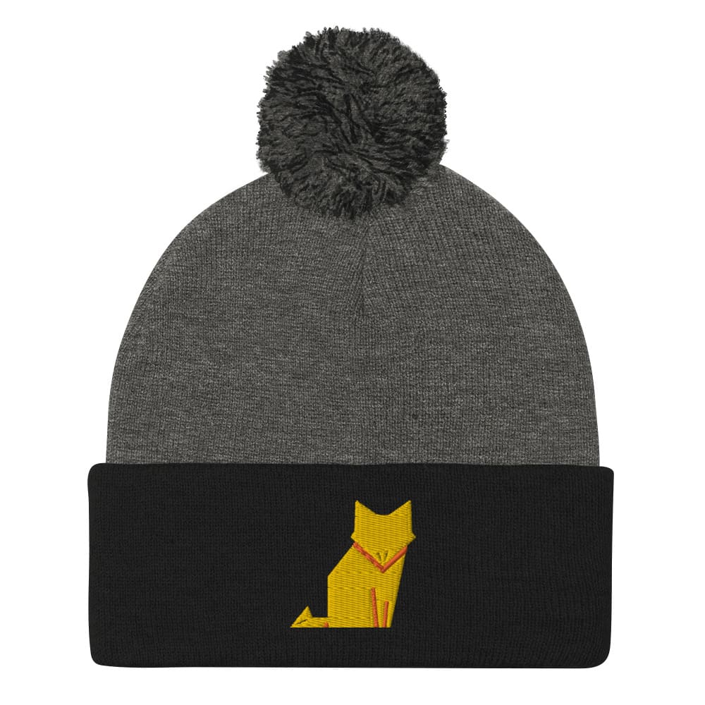 “Origami Cat” Pom-Pom Beanie (Winter Hat) Dark Heather Grey/ Black