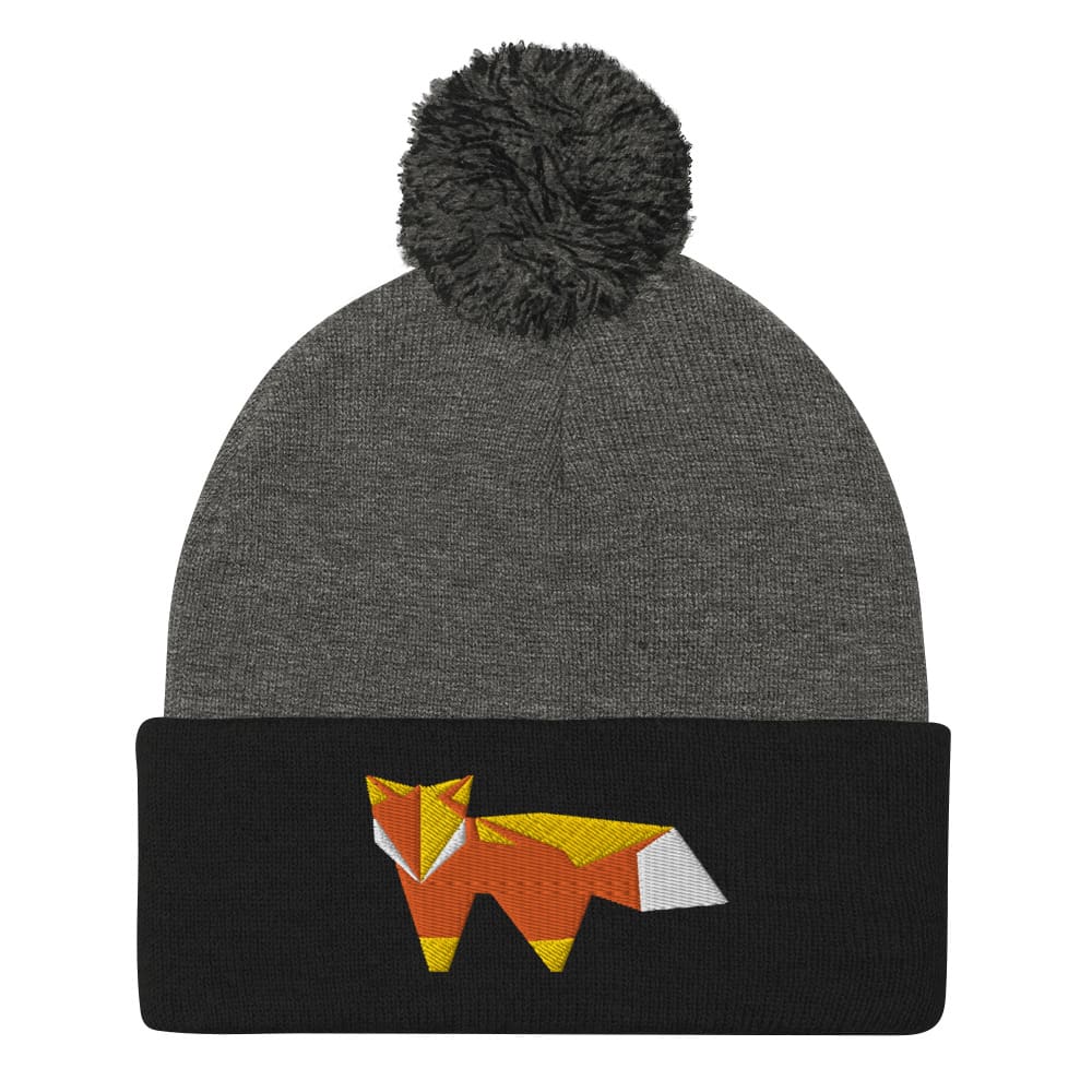 “Origami Fox” Pom-Pom Beanie (Winter Hat) Dark Heather Grey/ Black